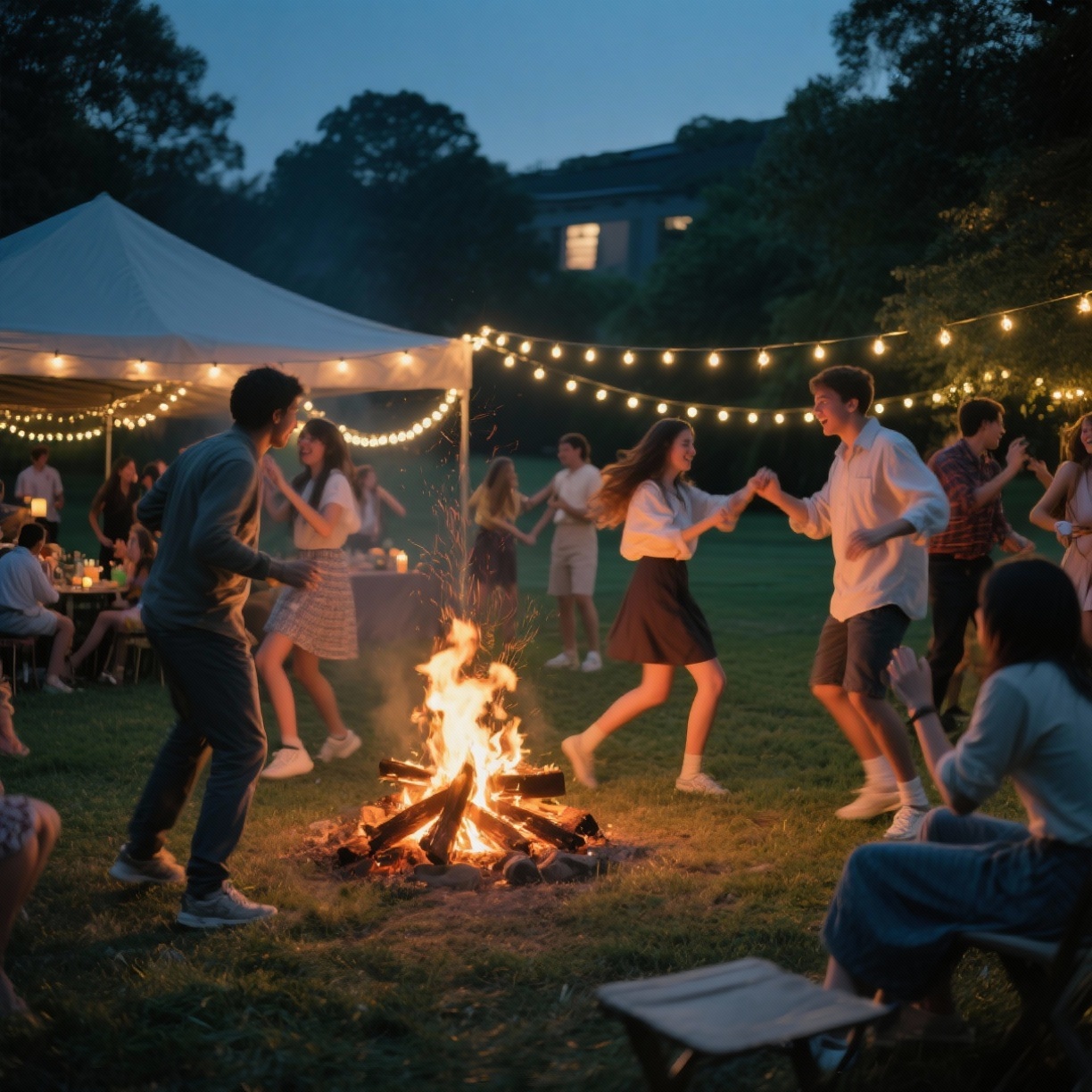 College students dancing at a party under lights