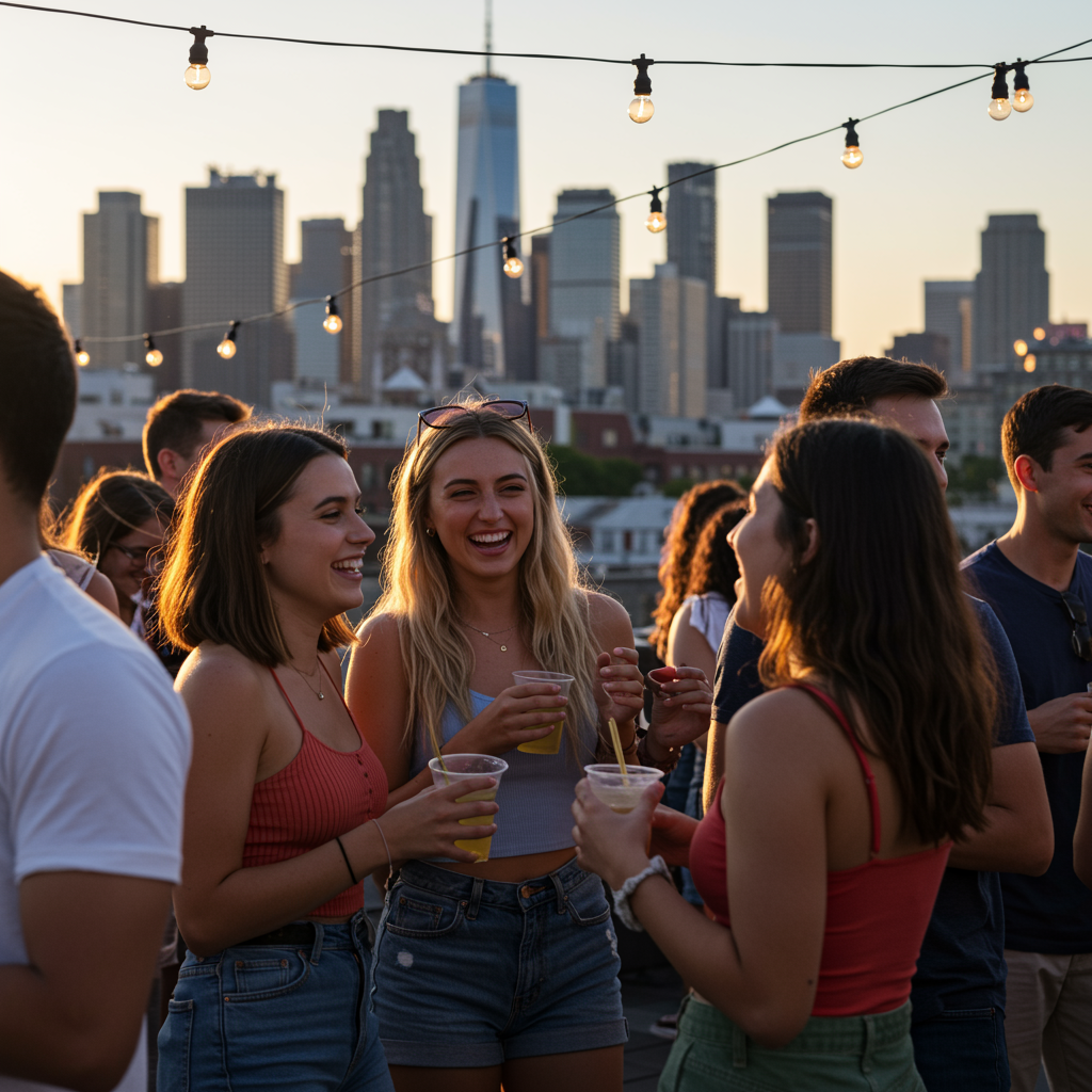 College party in Europe – students gathering outdoors with lights